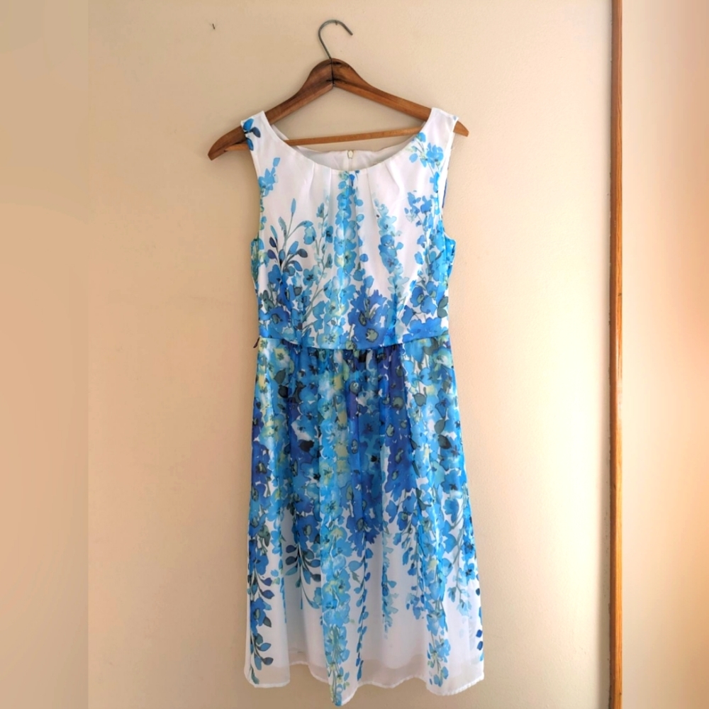 Spring Floral White and Blue Midi Dress (Size 4)